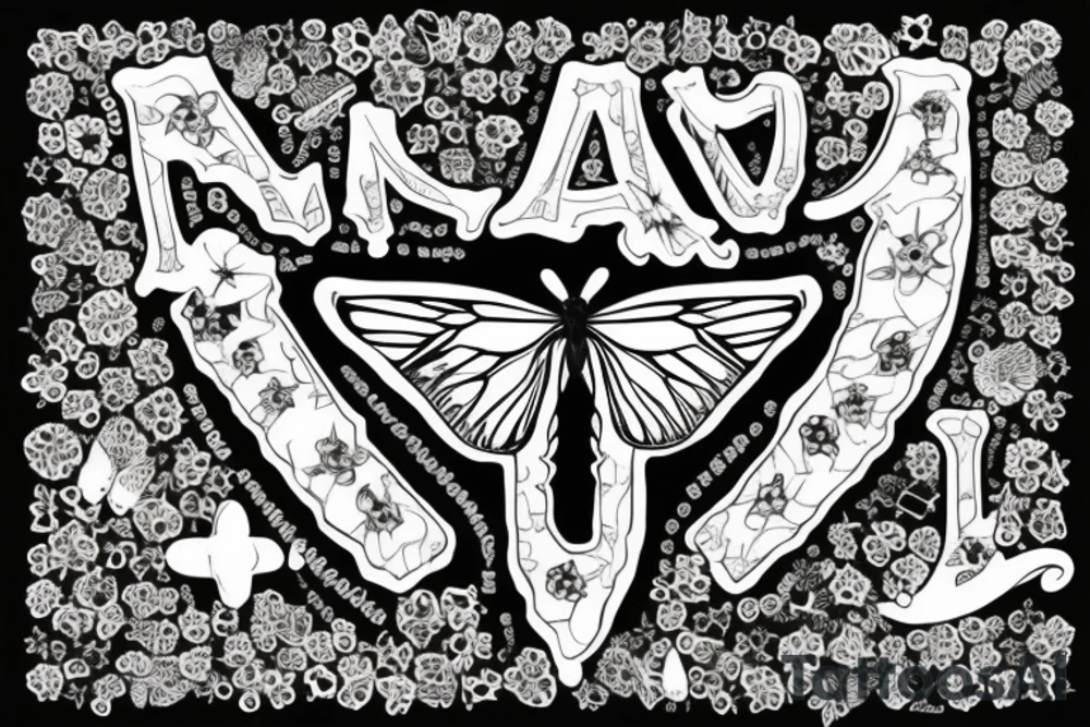Butterfly made of bones and skulls, with letter V at the middle tattoo idea