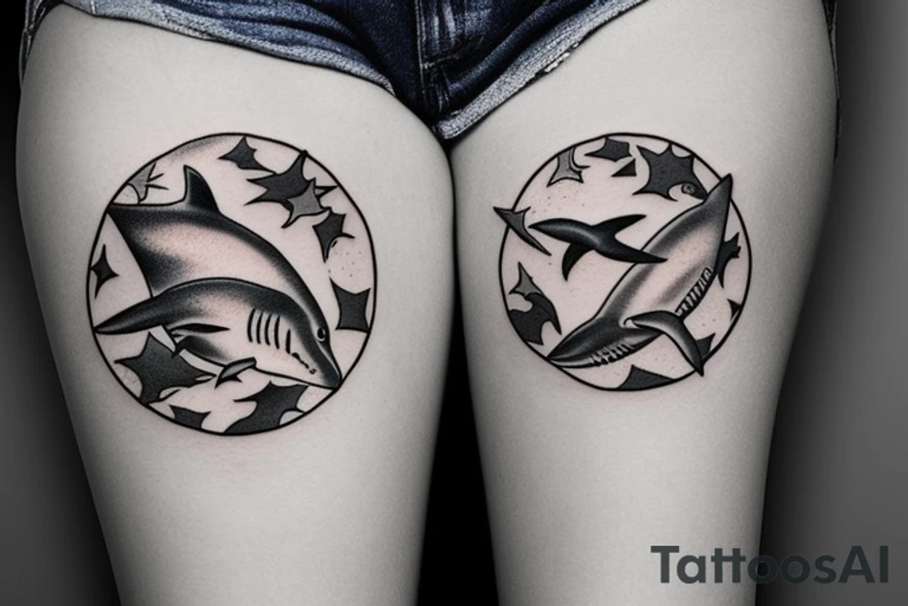 tattoo of minimalist realistic sharks in a circle around the thigh. tattoo idea