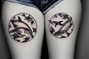 tattoo of minimalist realistic sharks in a circle around the thigh. tattoo idea