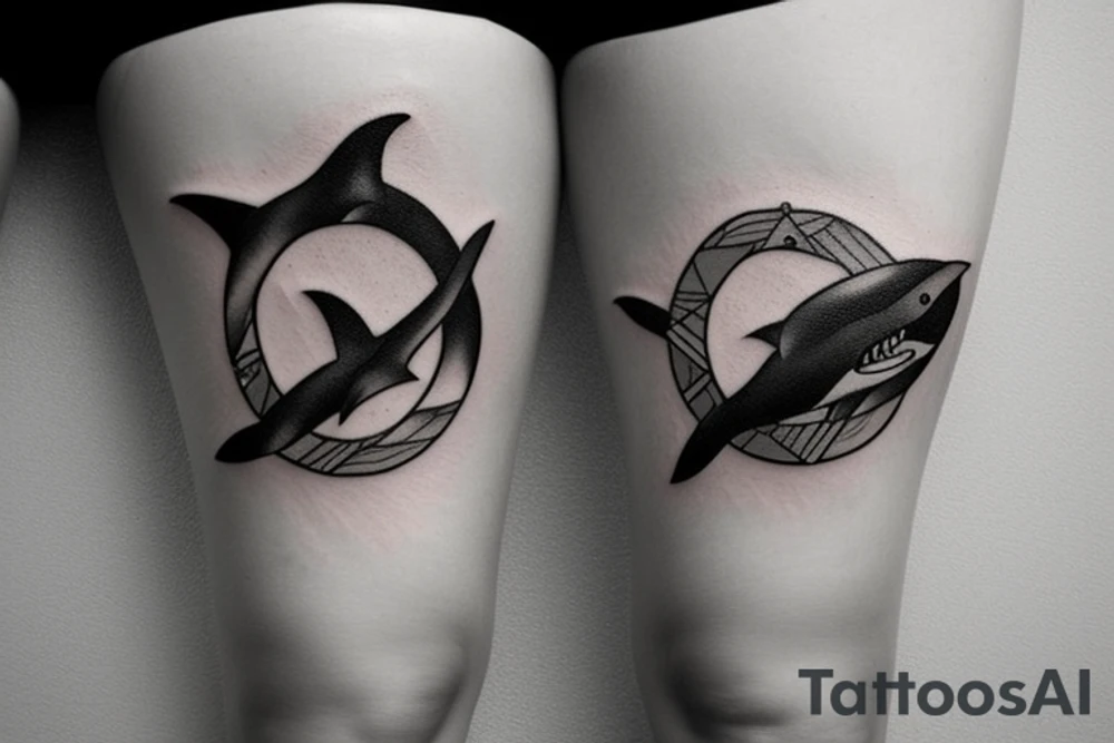 tattoo of minimalist realistic sharks in a circle around the thigh. tattoo idea