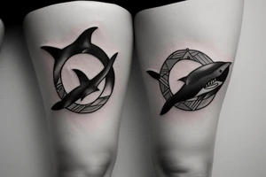 tattoo of minimalist realistic sharks in a circle around the thigh. tattoo idea