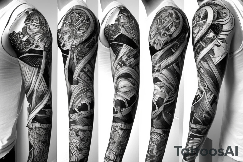 sleeve lion half alive other half is robotic including geometric shapes with straight lines tattoo idea