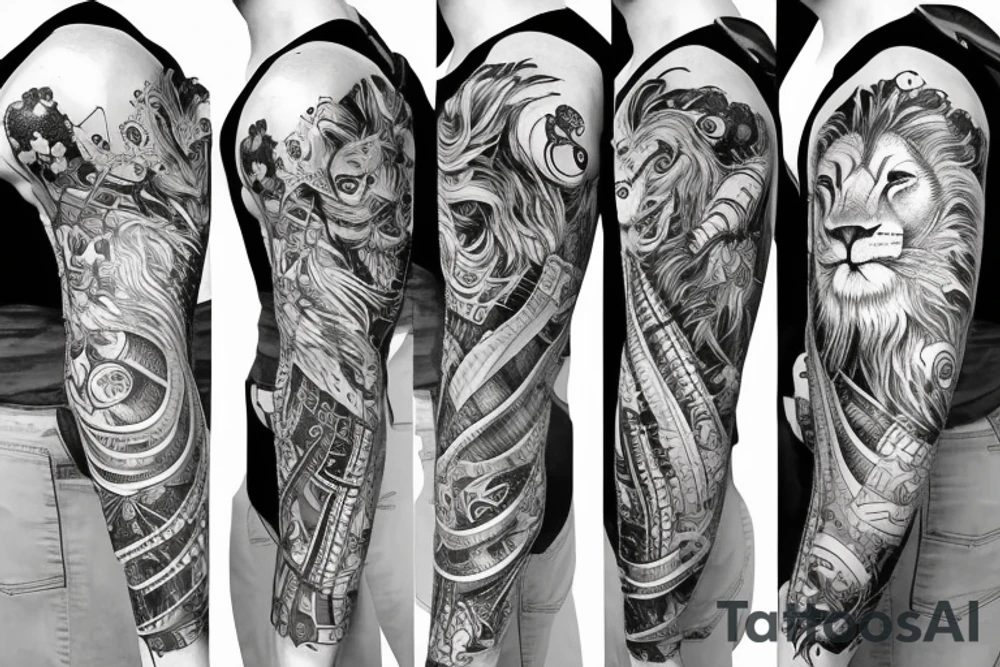sleeve lion half alive other half is robotic including geometric shapes with straight lines tattoo idea