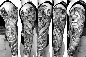 sleeve lion half alive other half is robotic including geometric shapes with straight lines tattoo idea