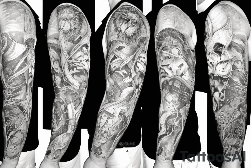 sleeve lion half alive other half is robotic tattoo idea