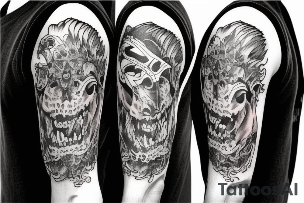 half sleeve lion half alive other half is skeleton tattoo idea