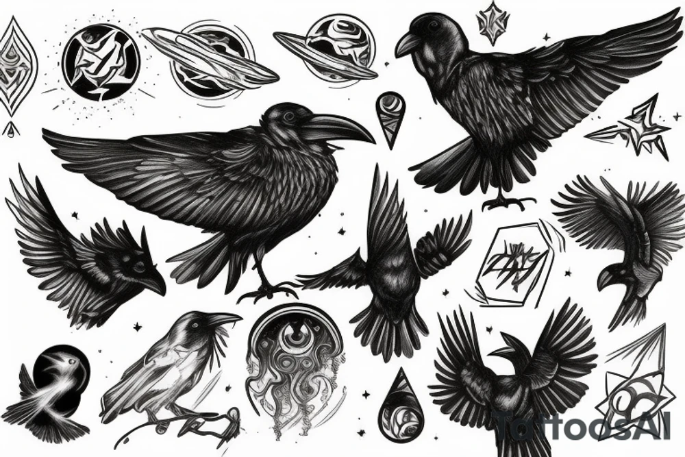 Raven in magical or galactic elements tattoo idea