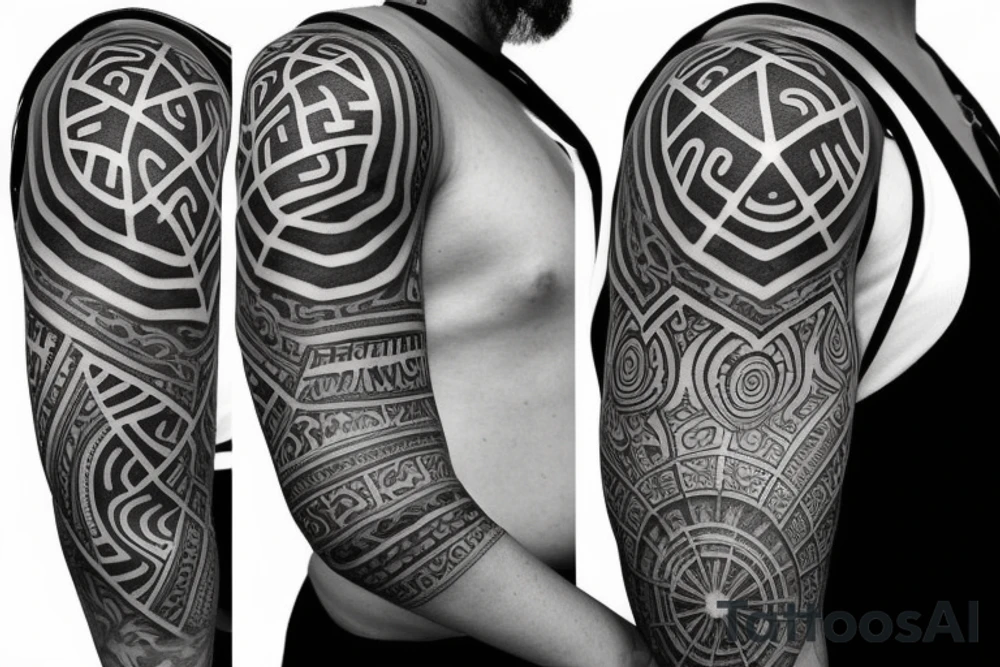 A sleeve with connected geometric designs, one of the fractal spiral, one of a Kepler's platonic solid model, and a Greek statue with beams of light coming out of its forehead tattoo idea