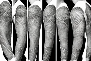 A sleeve with connected geometric designs, one of the fractal spiral, one of a Kepler's platonic solid model, and a Greek statue with beams of light coming out of its forehead tattoo idea
