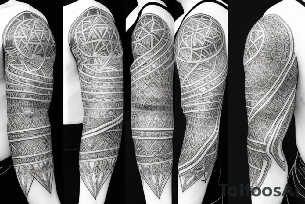 A sleeve with connected designs, one of the fractal spiral, one of a Kepler's platonic solid model, and a Greek statue with beams of light coming out of its forehead tattoo idea