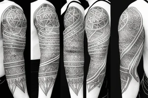 A sleeve with connected designs, one of the fractal spiral, one of a Kepler's platonic solid model, and a Greek statue with beams of light coming out of its forehead tattoo idea