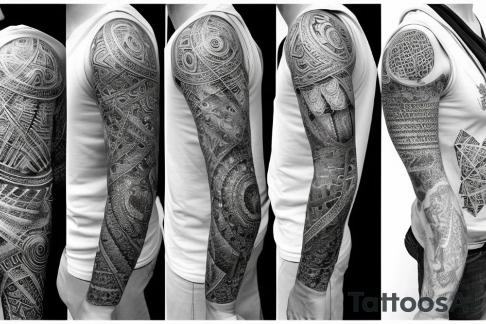 A sleeve with connected designs, one of the fractal spiral, one of a Kepler's platonic solid model, and a Greek statue with beams of light coming out of its forehead tattoo idea