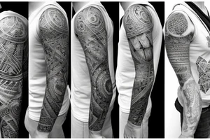A sleeve with connected designs, one of the fractal spiral, one of a Kepler's platonic solid model, and a Greek statue with beams of light coming out of its forehead tattoo idea
