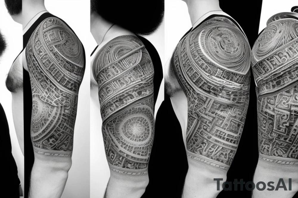 A sleeve with connected designs, one of the fractal spiral, one of a Kepler's platonic solid model, and a Greek statue with beams of light coming out of its forehead tattoo idea