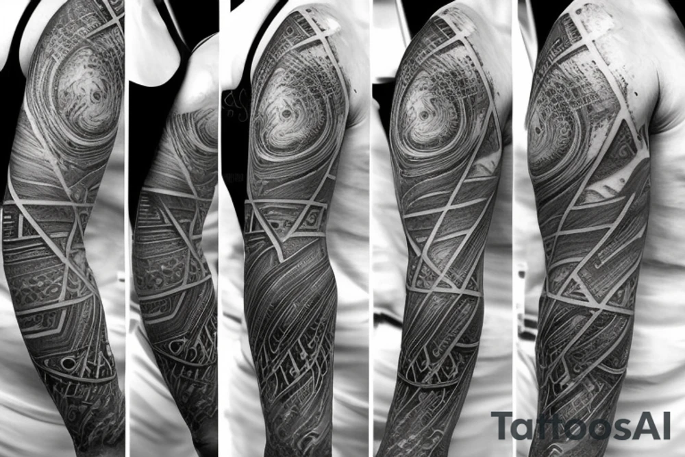 A forearm piece with connected designs, one of the fractal spiral, one of a Kepler's platonic solid model, and a Greek statue with beams of light coming out of its forehead tattoo idea