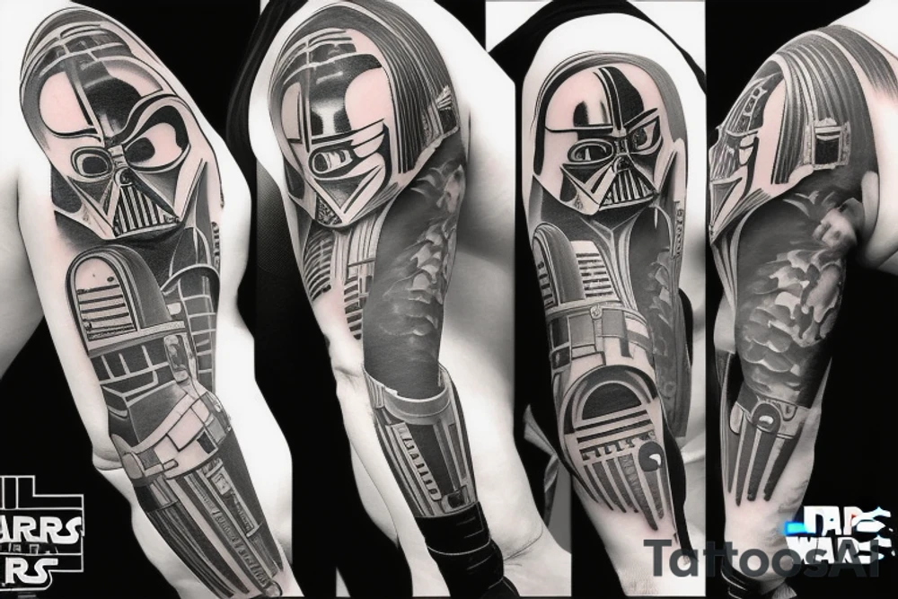 tattoo sleeve that has Darth Vader, Mandolorian, and Bender tattoo idea