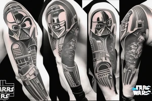 tattoo sleeve that has Darth Vader, Mandolorian, and Bender tattoo idea