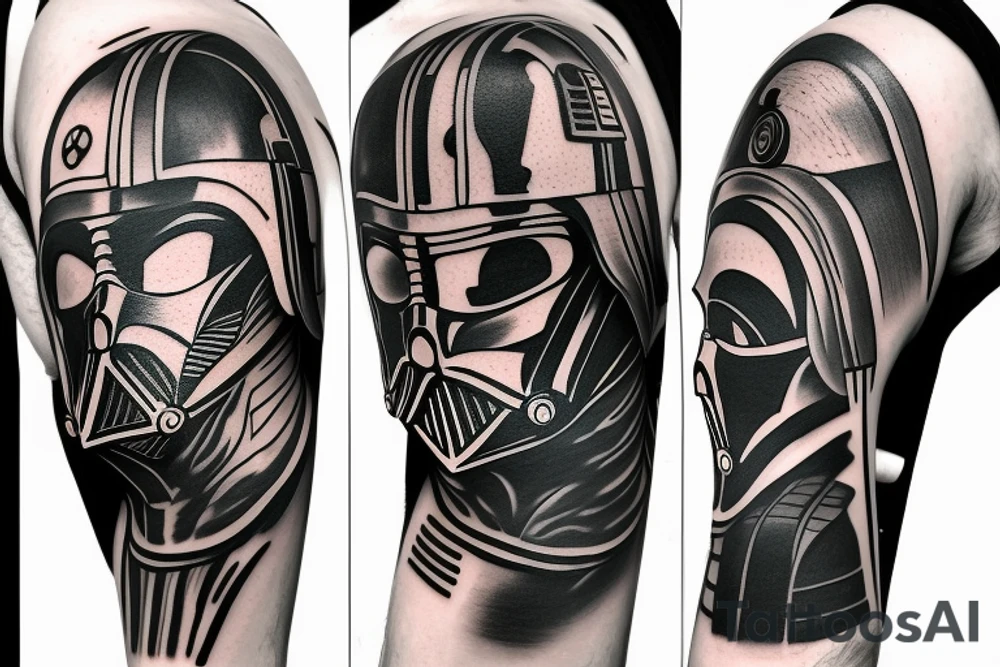 tattoo sleeve that has Darth Vader, Mandolorian, and Bender tattoo idea