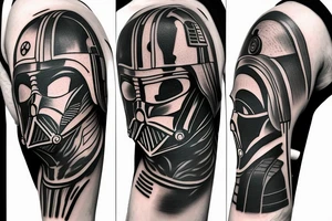 tattoo sleeve that has Darth Vader, Mandolorian, and Bender tattoo idea