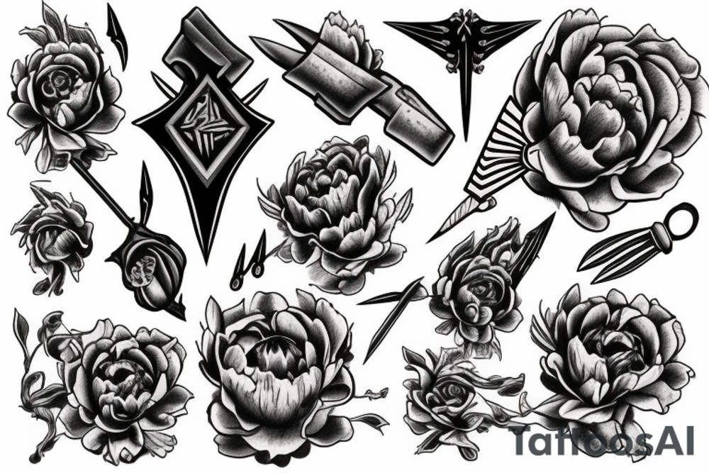 Death metal, knife, flail, stygia, peony tattoo idea