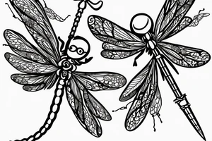 dragonfly with sword body and rose wrapped around it tattoo idea