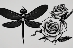 dragonfly with sword body and rose wrapped around it tattoo idea