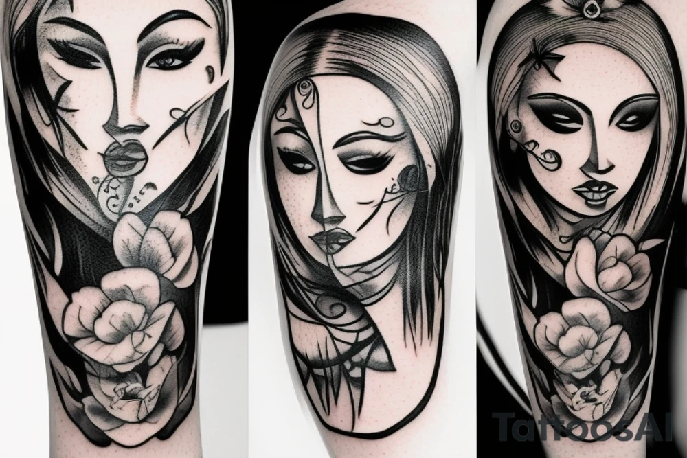 Women with mask tattoo idea