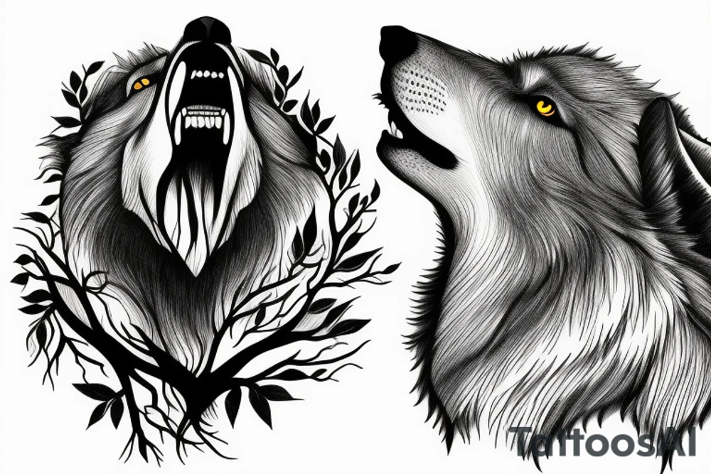 wolf howling with trees and mountains in background tattoo idea