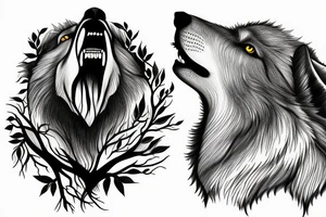 wolf howling with trees and mountains in background tattoo idea