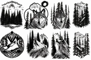 wolf howling with trees and mountains in background tattoo idea