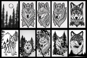 wolf howling with trees and mountains in background tattoo idea