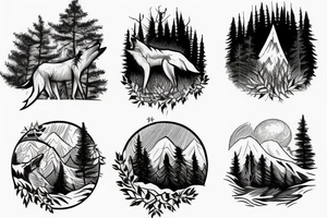 wolf howling with trees and mountains in background tattoo idea