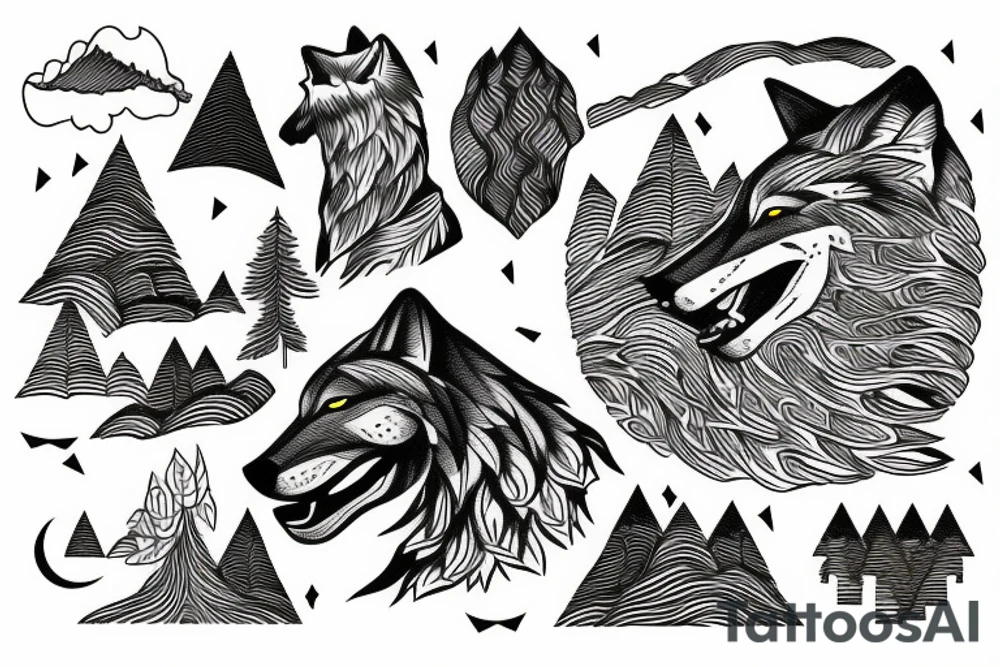 wolf howling with trees and mountains in background tattoo idea