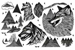 wolf howling with trees and mountains in background tattoo idea