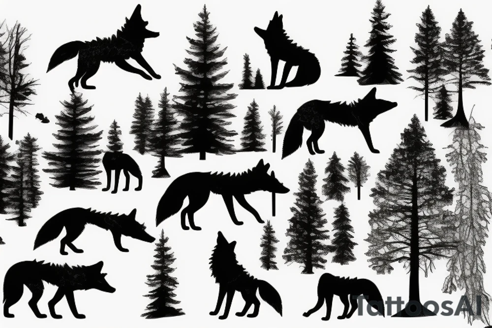 wolf howling with trees and mountains in background tattoo idea