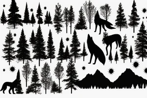 wolf howling with trees and mountains in background tattoo idea