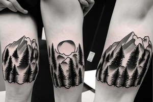 wolf howling with trees and mountains in background tattoo idea