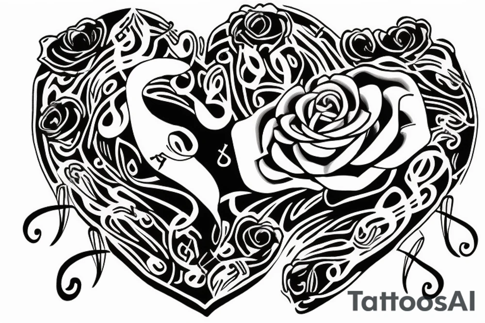 Rose with vines growing over a 7 of hearts card with music notes around tattoo idea