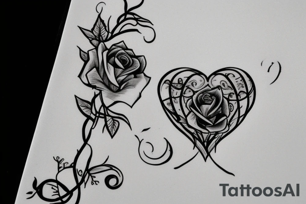 Rose with vines growing over a 7 of hearts card with music notes around tattoo idea