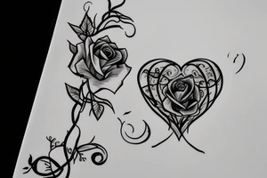 Rose with vines growing over a 7 of hearts card with music notes around tattoo idea