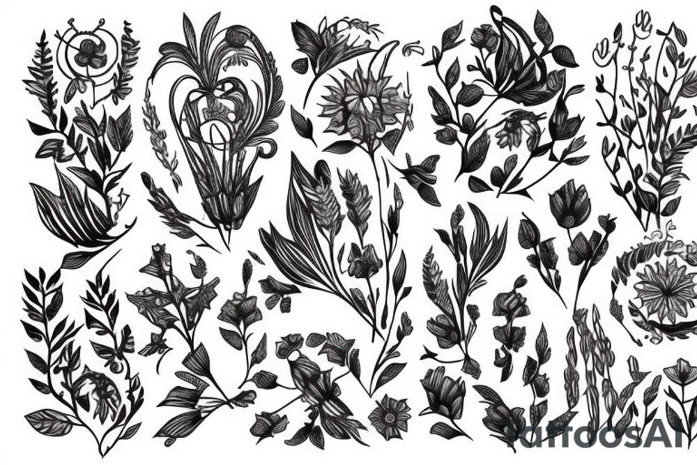 graphic bouquet with plants and wildflowers.  A wild composition of plants with a Slavic motif. tattoo idea