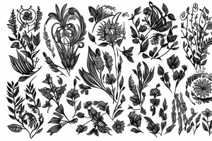 graphic bouquet with plants and wildflowers.  A wild composition of plants with a Slavic motif. tattoo idea