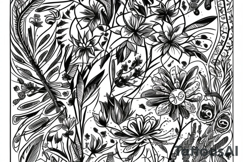 graphic bouquet with plants and wildflowers.  A wild composition of plants with a Slavic motif. tattoo idea