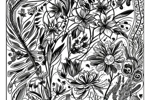 graphic bouquet with plants and wildflowers.  A wild composition of plants with a Slavic motif. tattoo idea