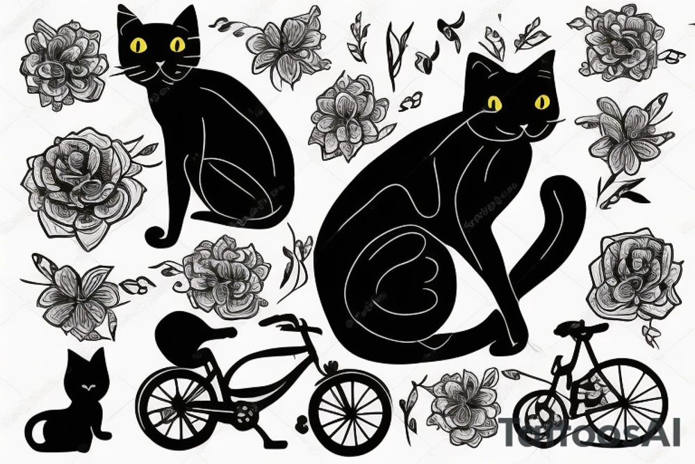 A Black Cat, with flowers and Bikes tattoo idea