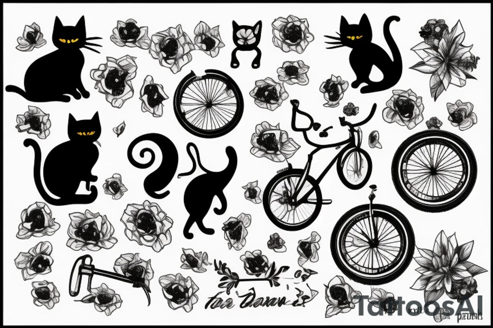 A Black Cat, with flowers and Bikes tattoo idea