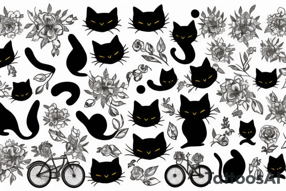 A Black Cat, with flowers and Bikes tattoo idea