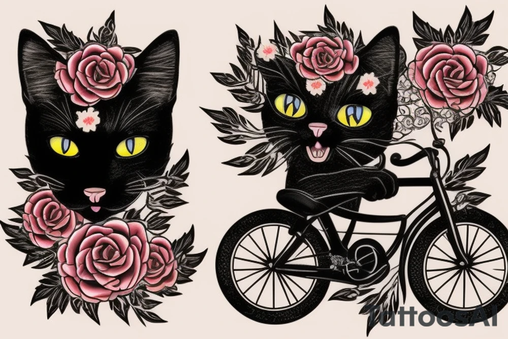 A Black Cat, in a bike with flowers and flames tattoo idea