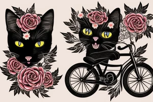 A Black Cat, in a bike with flowers and flames tattoo idea