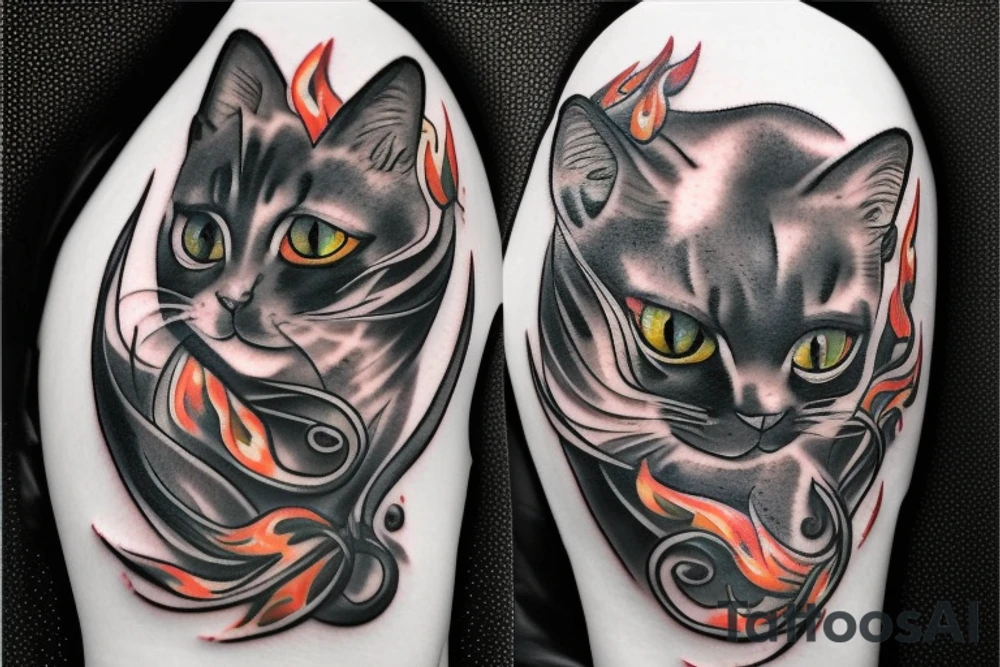 A Black Cat, in a motorbike with flowers and flames tattoo idea